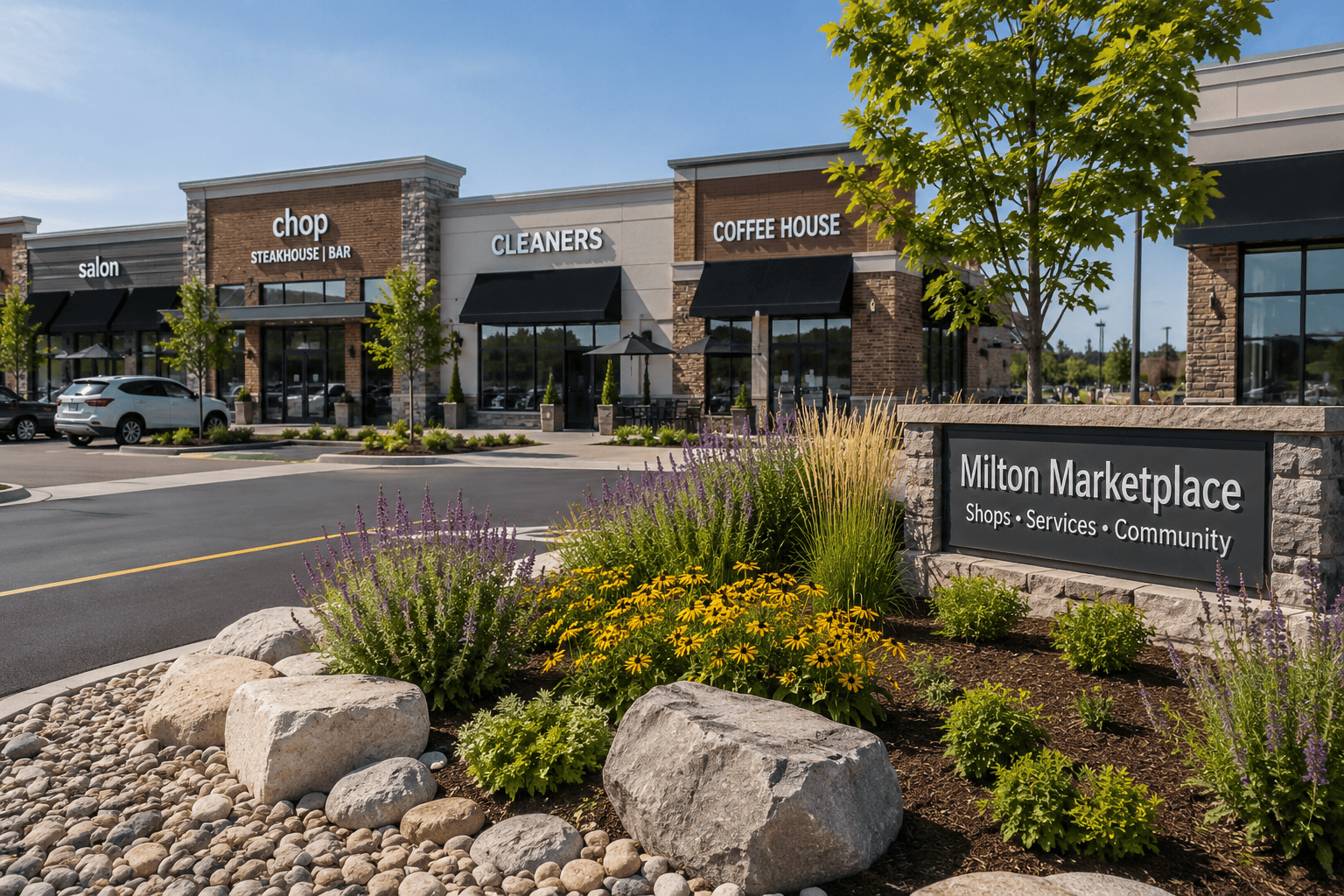 Commercial landscaping in Milton featuring native plants and decorative stone at a retail plaza